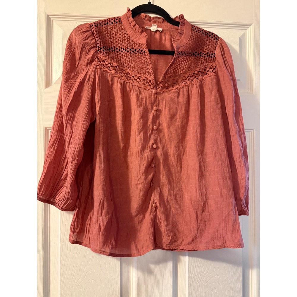 E&M Terracotta Rose Crochet Lace Yoke Crinkle Blouse 3/4 Puff Sleeve Large